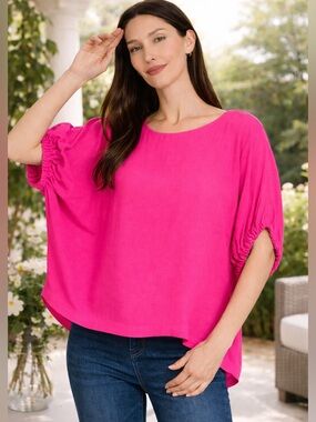Zenana Relaxed Hot Pink Ruched-Sleeve Women's Top NIB